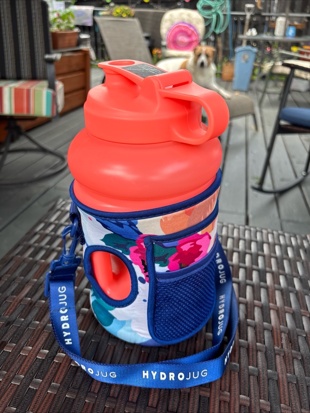 HydroJug Coral Red Water Bottle with Floral Neoprene Sleeve and Blue Strap